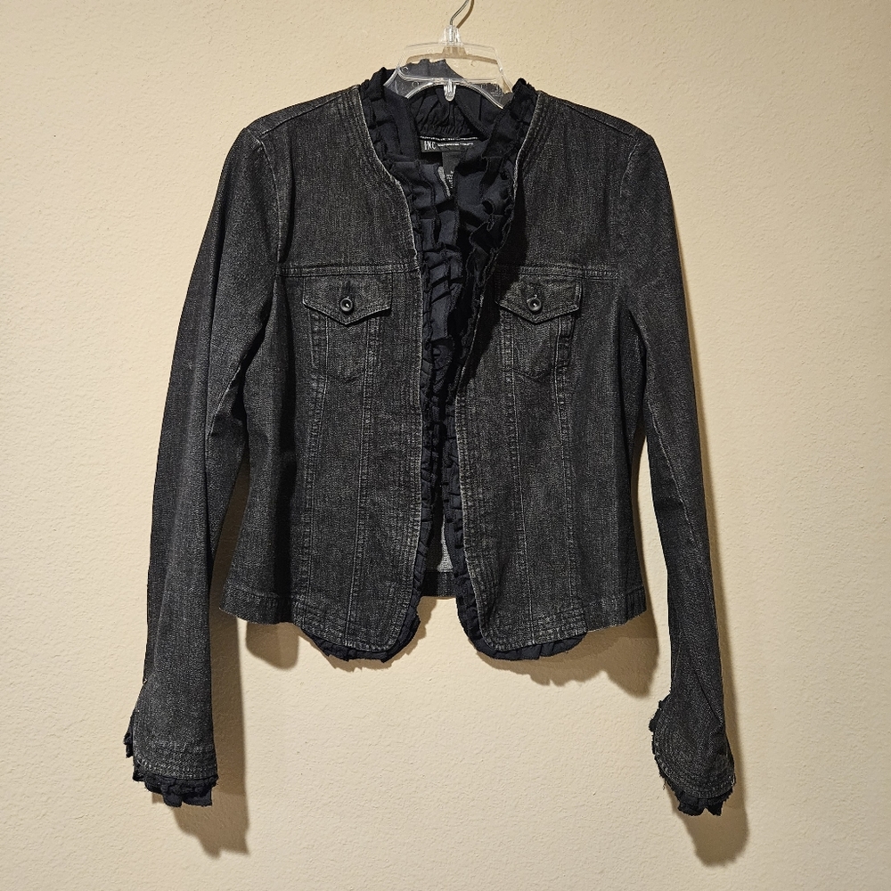 I•N•C International Concepts Ruffled Black Denim Jacket - Size Medium